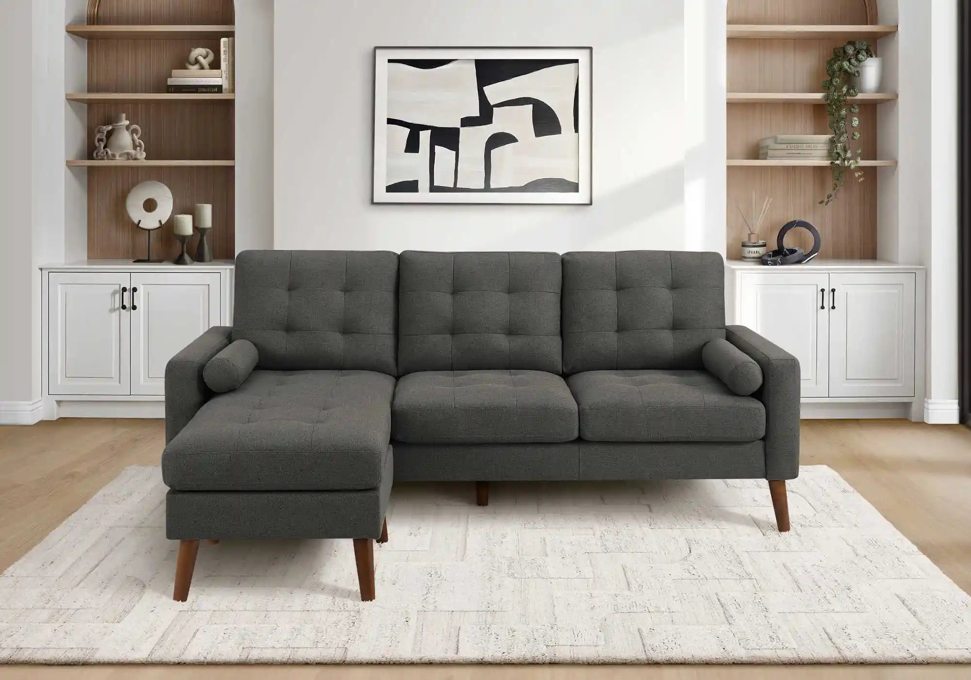 Monarch Canapé avec Chaise Longue 3 Places Réversible en Tissu Gris 85"