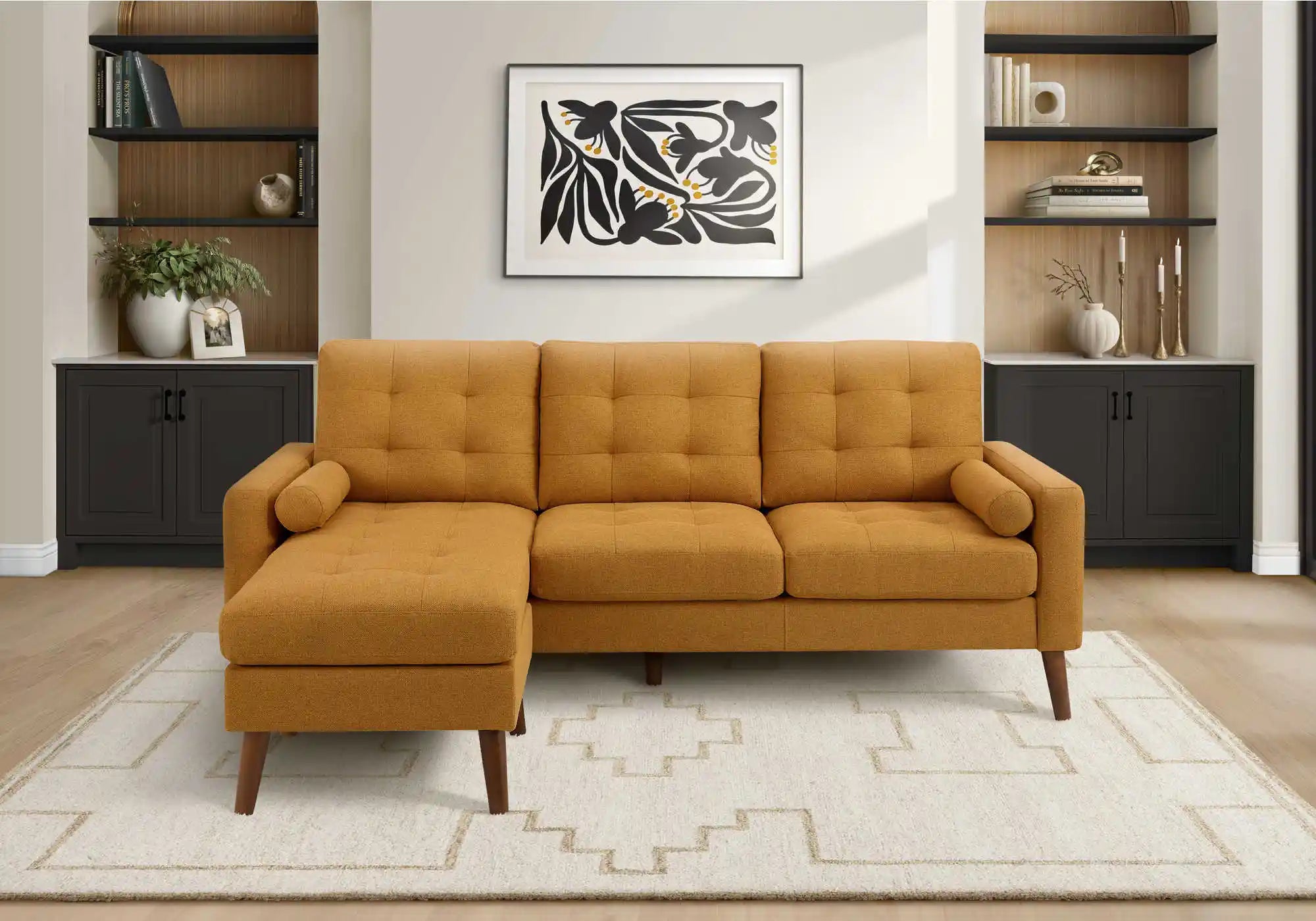 Monarch Specialties Canapé avec Chaise Longue 3 Places Réversible en Tissu Orange 85"
