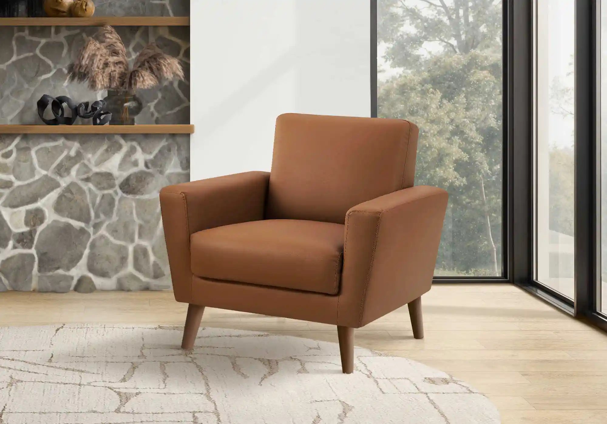 Fauteuil d'Appoint Similicuir Cognac 34 po Pieds Noyer