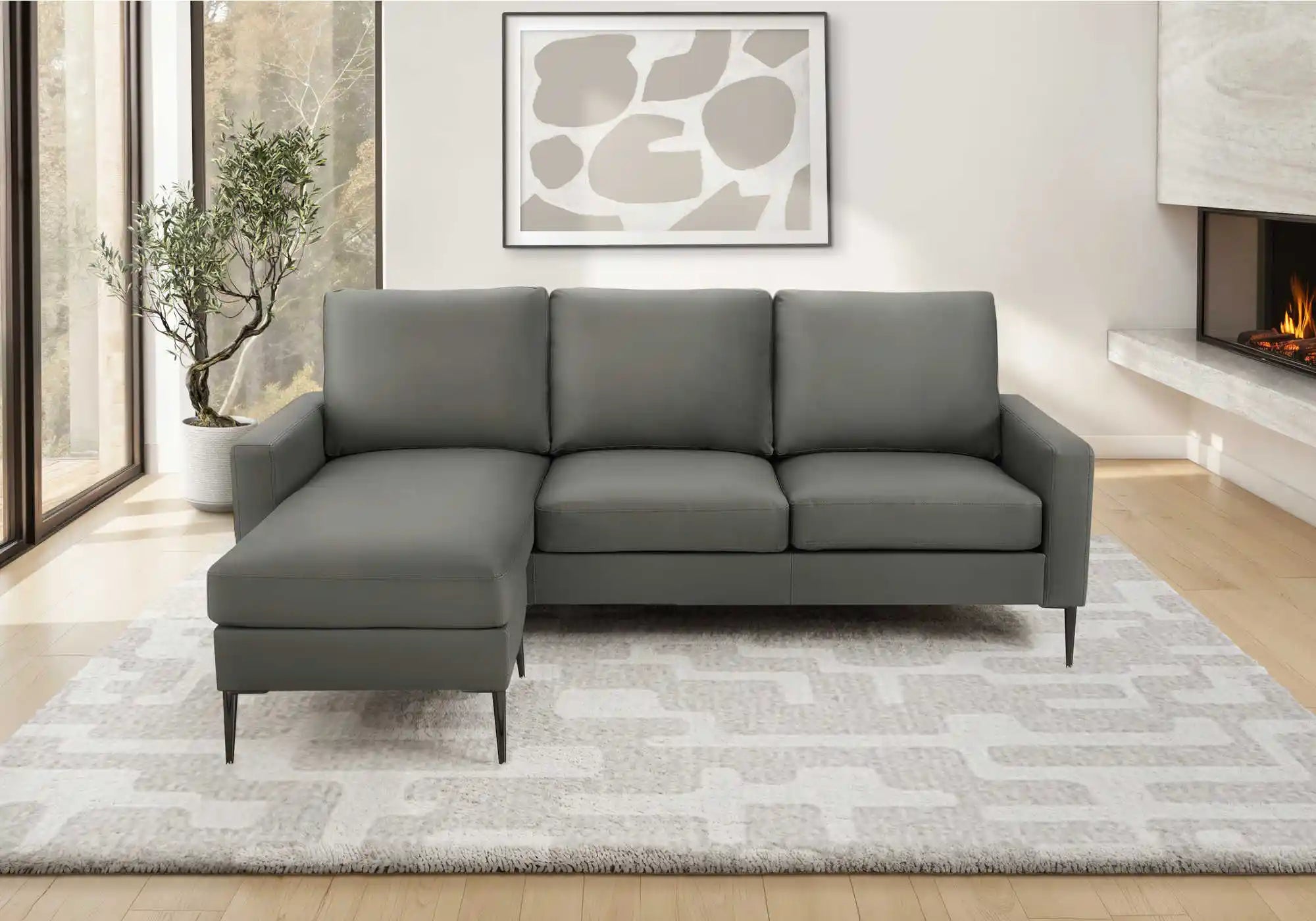 Canapé 3 Places Réversible Similicuir Gris Foncé 85" avec Chaise Longue