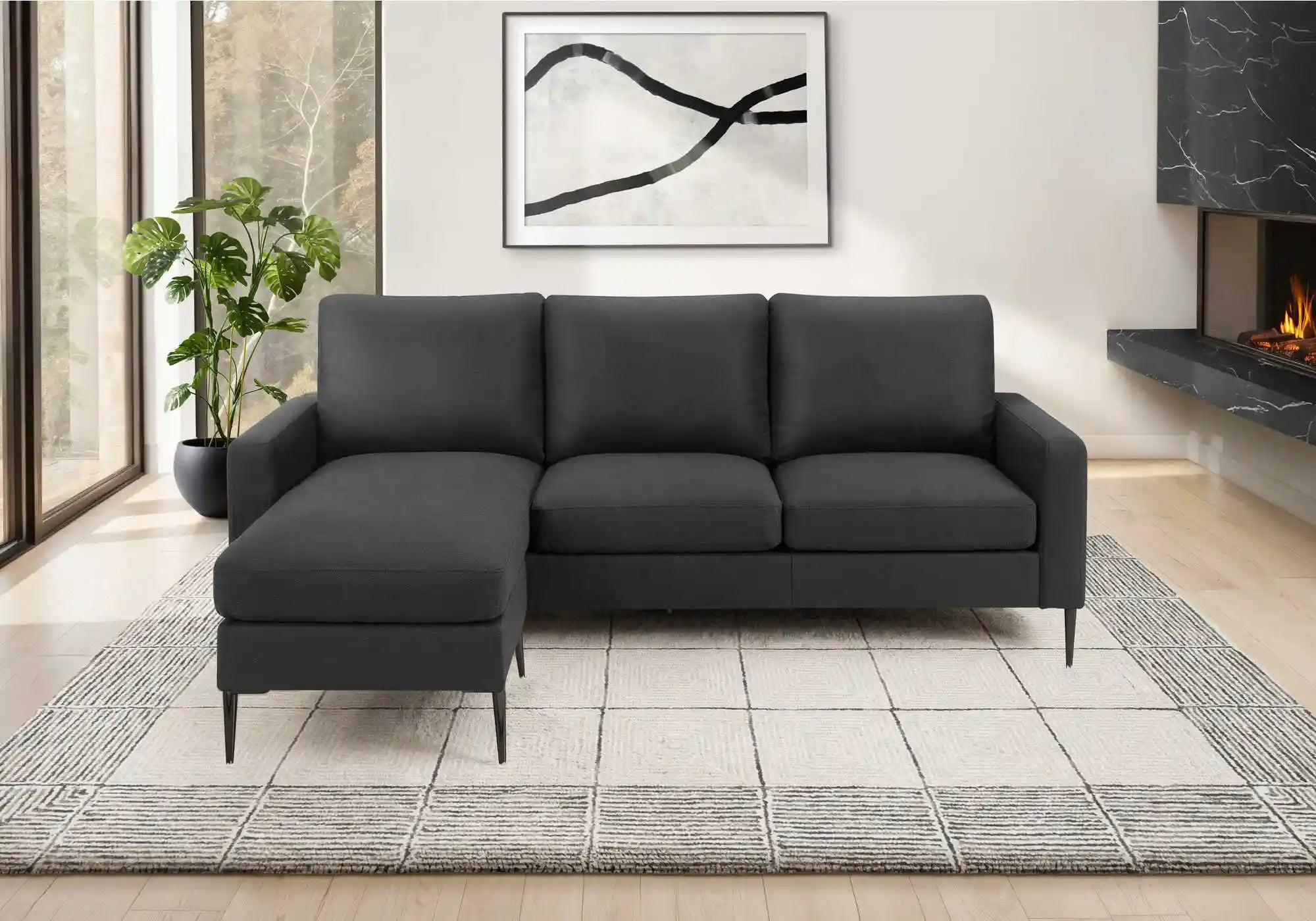 Monarch Canapé 3 Places Réversible Tissu Noir 85" | Chaise Longue
