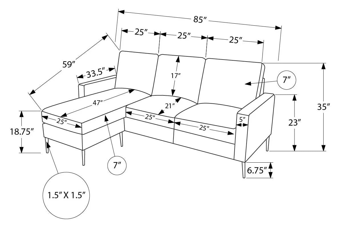 Monarch Canapé 3 Places Réversible Tissu Noir 85" | Chaise Longue