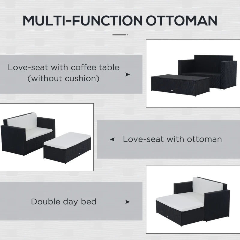 Ensemble de meubles de patio 2 pièces en osier avec repose-pieds double, ensemble de conversation d'extérieur en rotin PE avec causeuse et repose-pieds à deux places, blanc crème