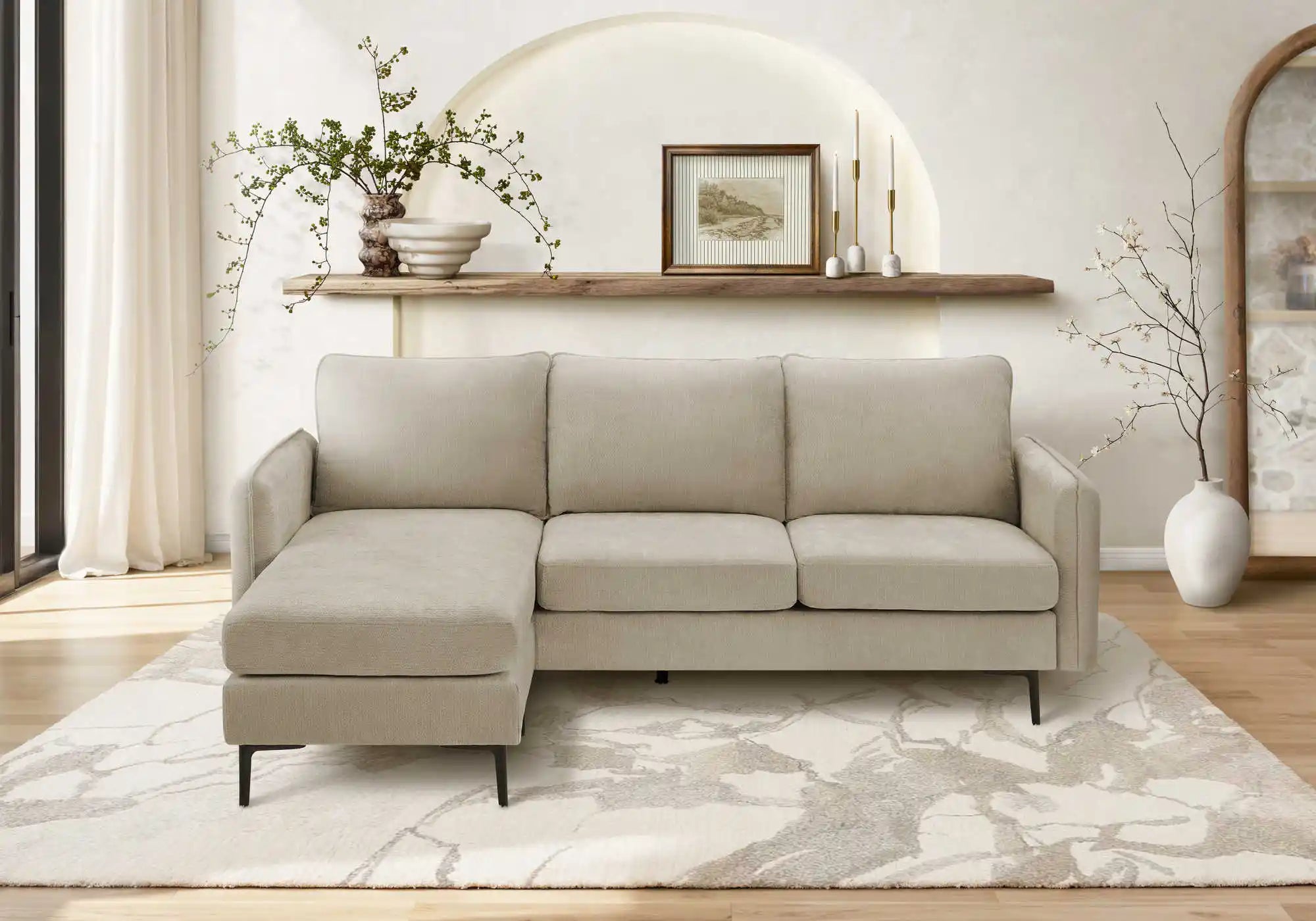 Monarch Canapé d'Angle Réversible en Tissu Beige 85"