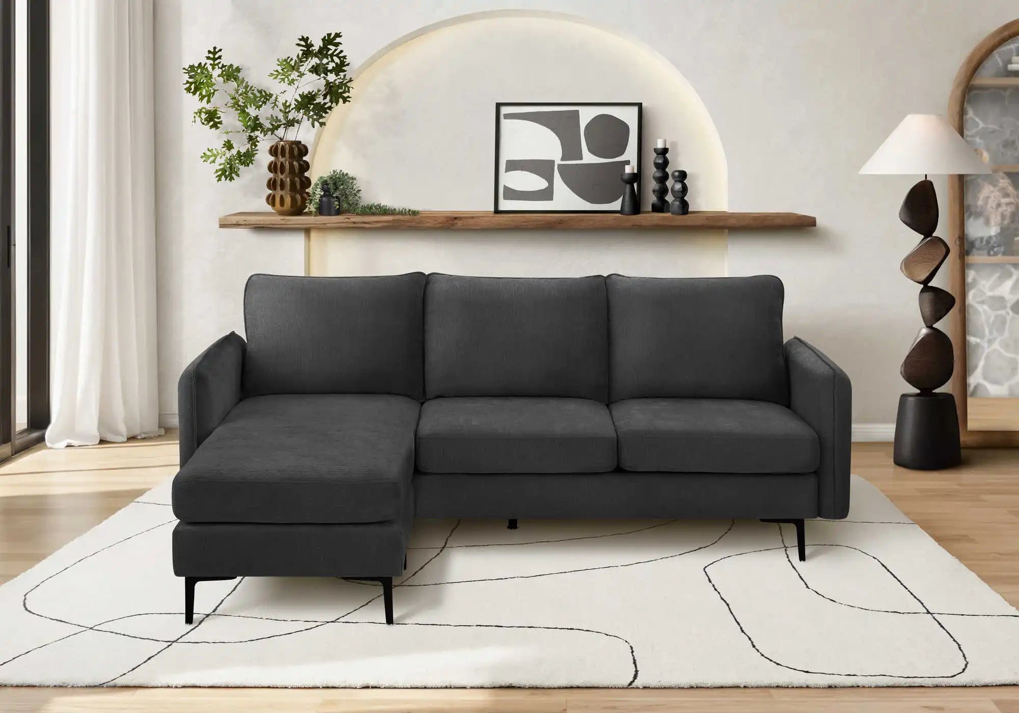 Monarch Canapé avec Chaise Longue 3 Places Réversible en Tissu Noir 85"