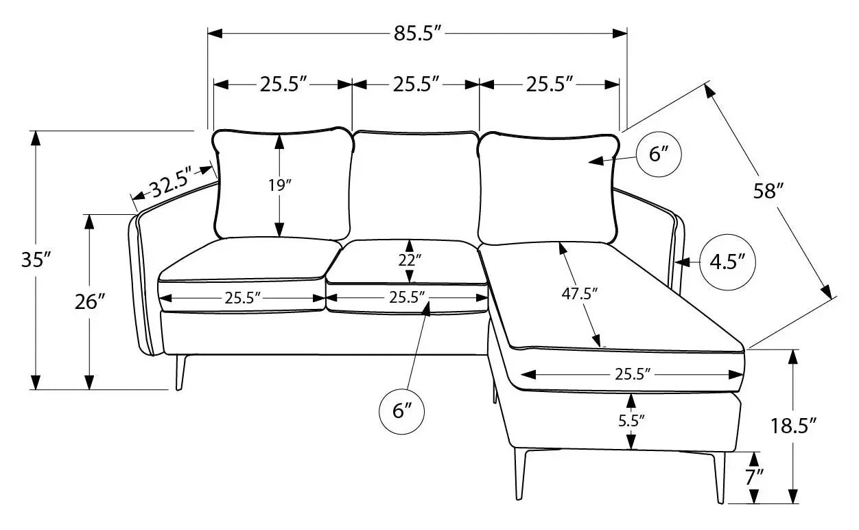 Monarch Canapé avec Chaise Longue 3 Places Réversible en Tissu Noir 85"
