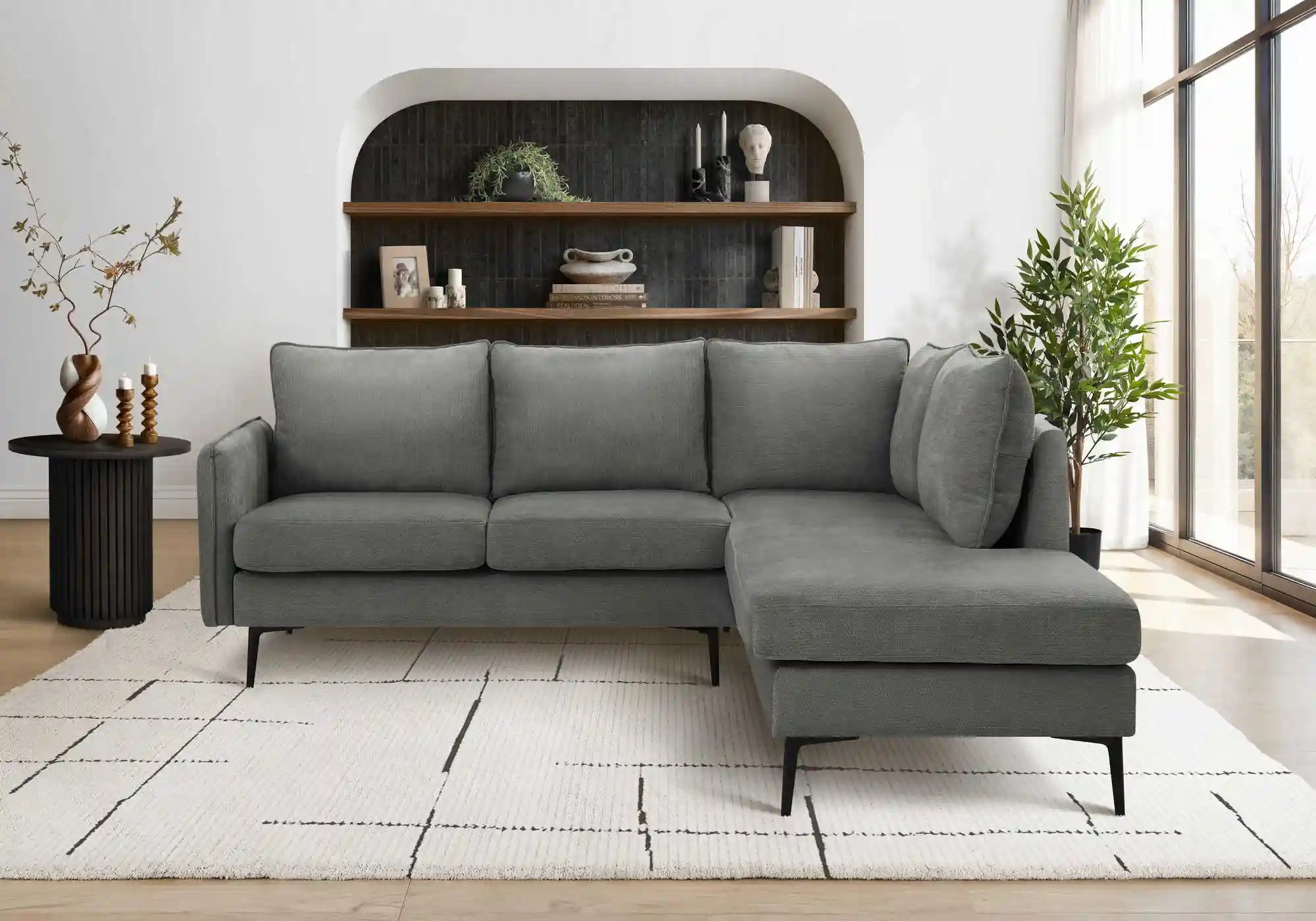 Sofa Sectionnel 3 Places en L Tissu Gris 85" Monarch | Bras Gauche