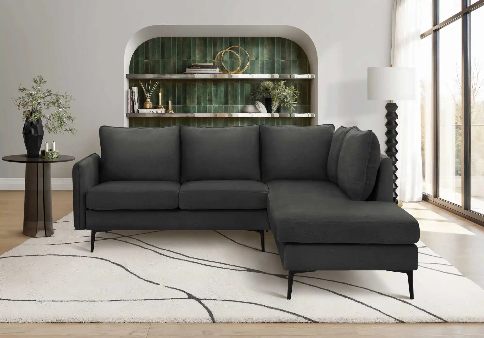 Canapé Sectionnel 3 Places en L Tissu Noir 85" Monarch | Bras Gauche