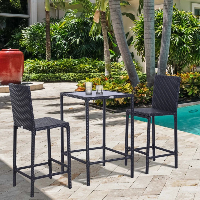 Ensemble de bar de patio 3 pièces, ensemble de bistro de jardin en osier et rotin, tabouret de bar et table pour patio, jardin, balcon, bord de piscine, noir