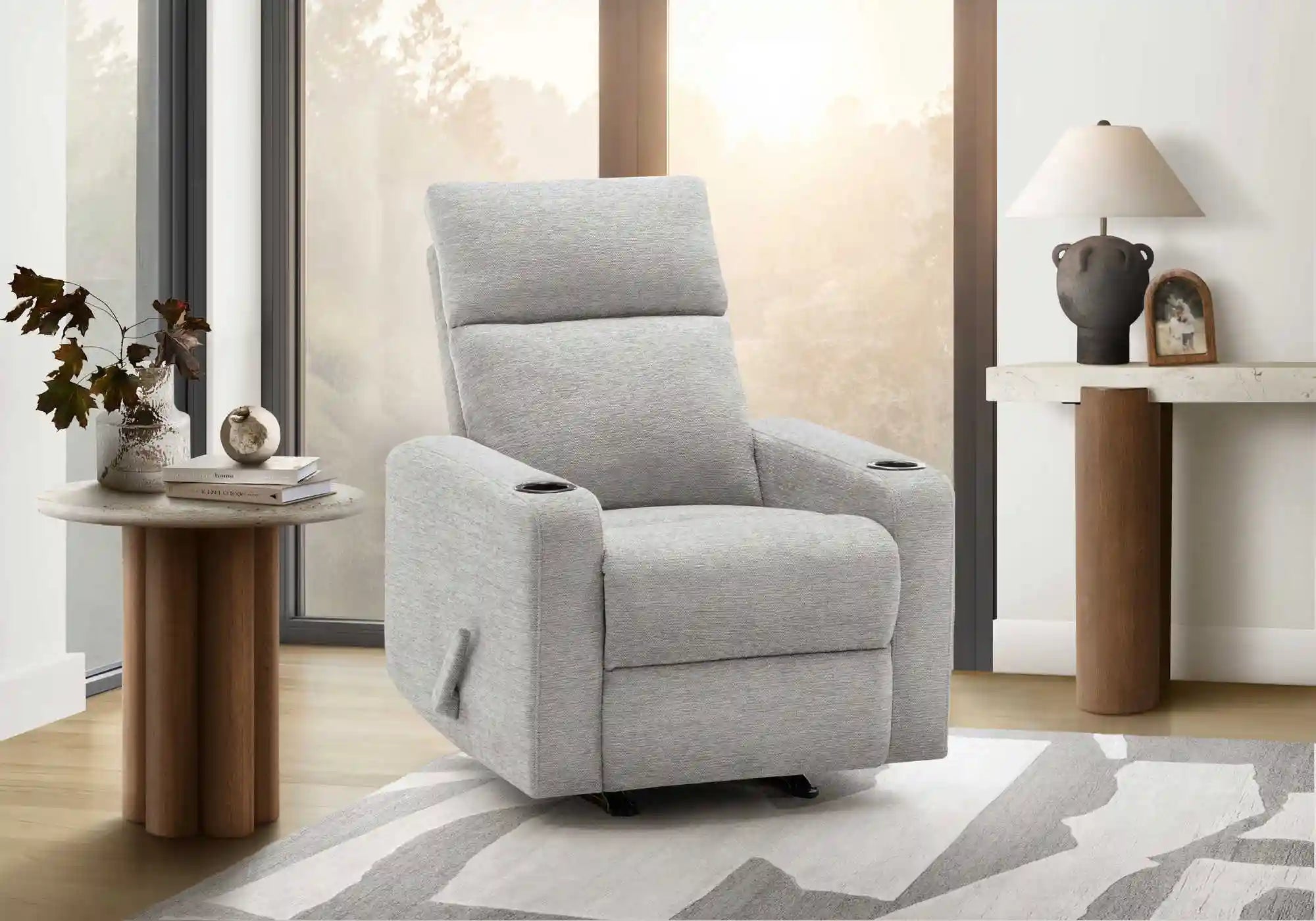 Chaise Inclinable Manuelle en Tissu Gris Clair avec Porte-Gobelets