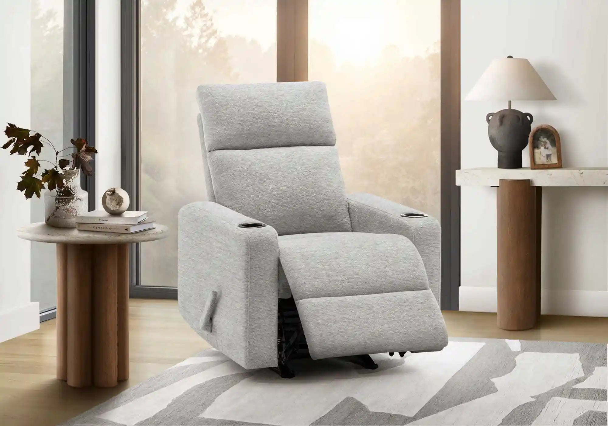 Chaise Inclinable Manuelle en Tissu Gris Clair avec Porte-Gobelets