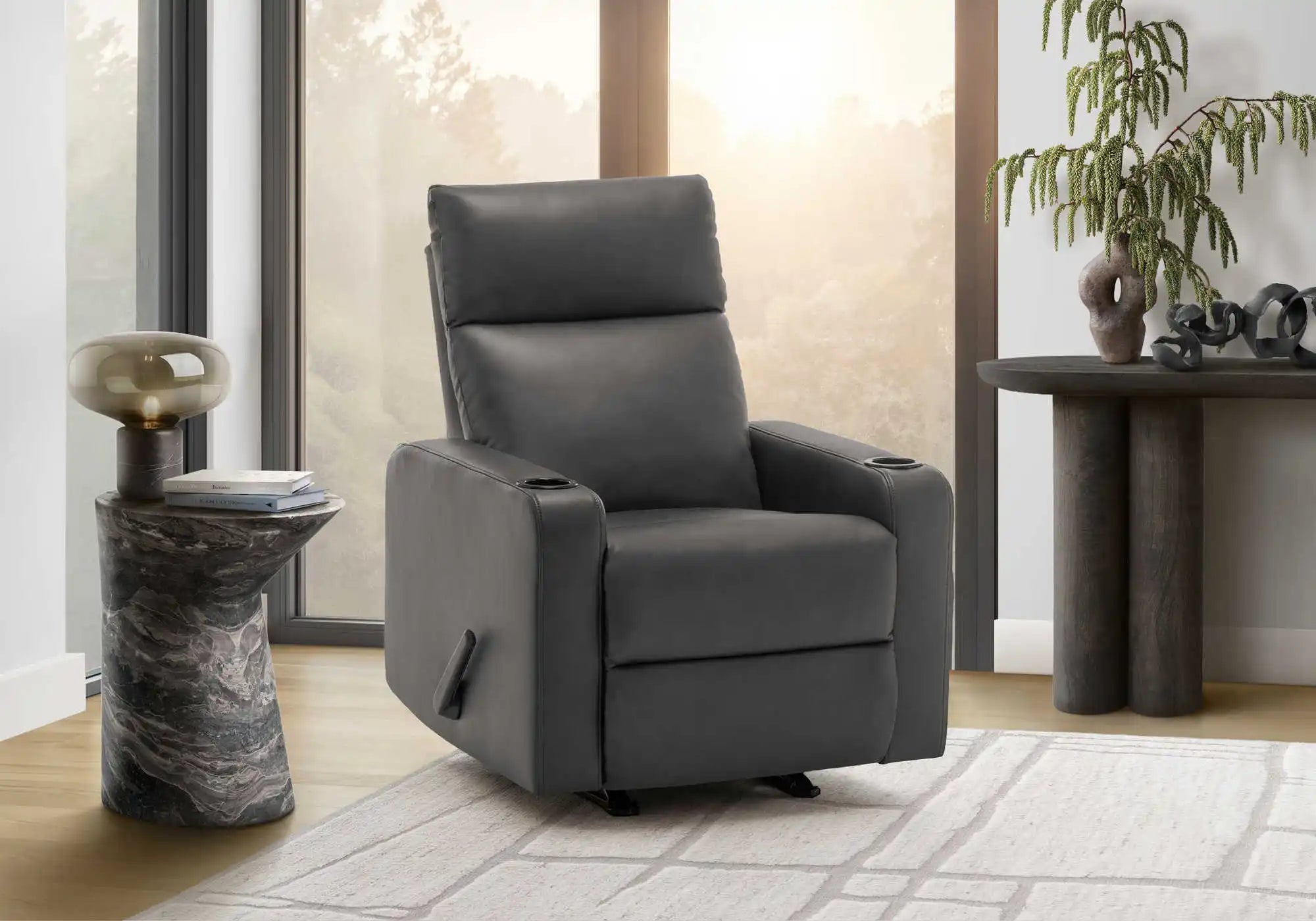 Fauteuil Inclinable Manuel Similicuir Gris Berçant avec Porte-Gobelets