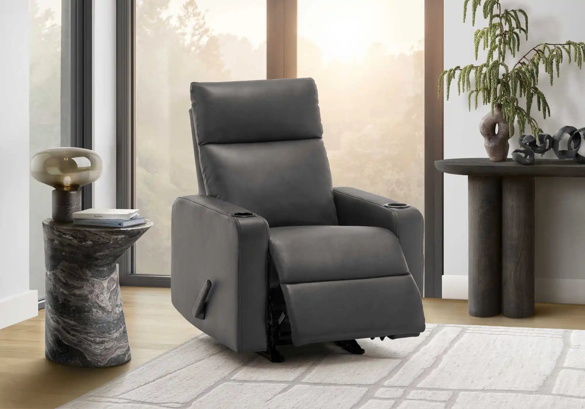 Fauteuil Inclinable Manuel Similicuir Gris Berçant avec Porte-Gobelets