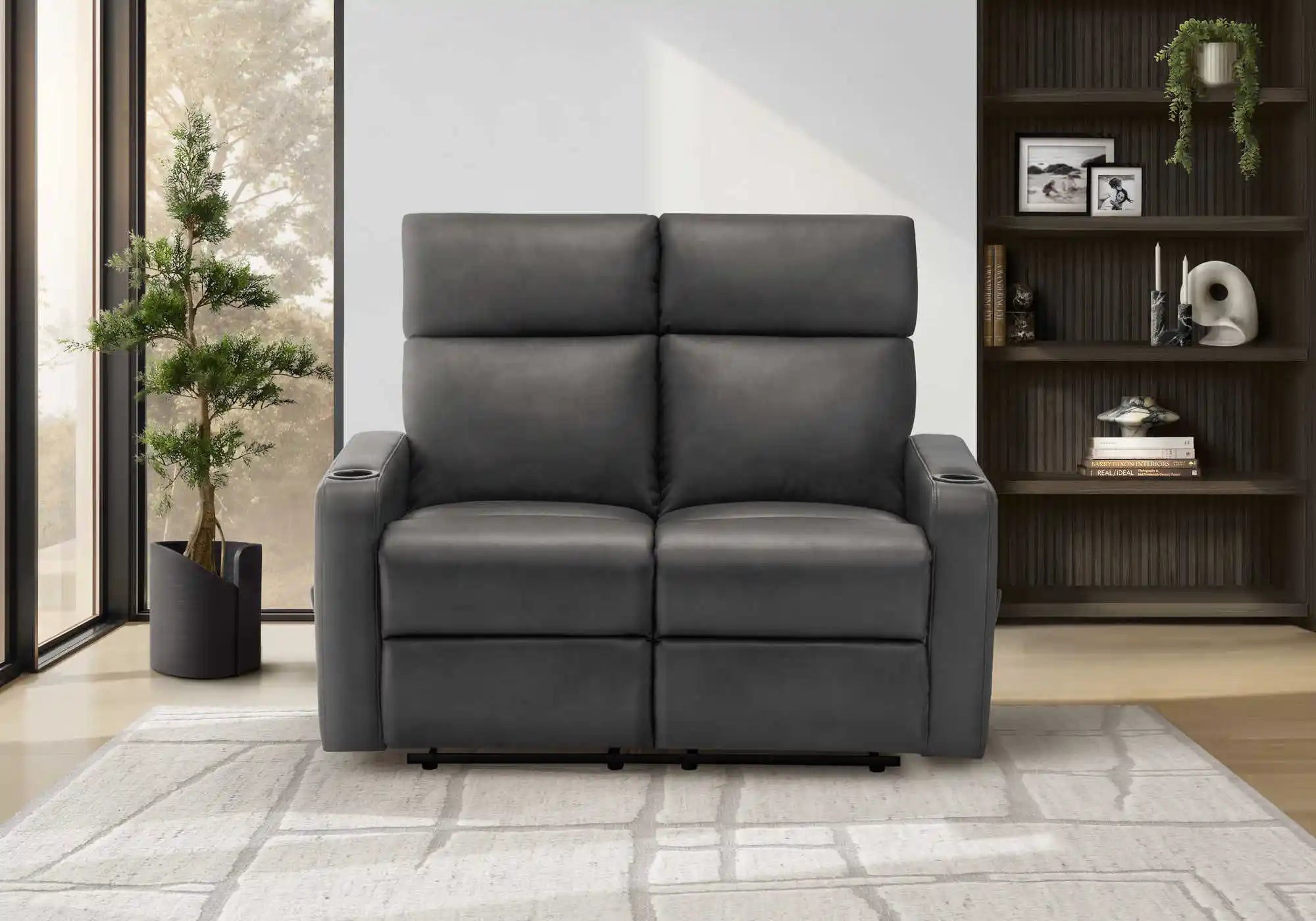 Causeuse Inclinable Manuelle Similicuir Gris avec Porte-Gobelets