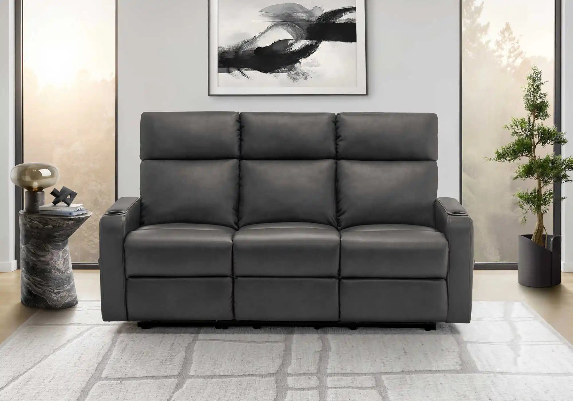 Canapé Relax Manuel Simili Cuir Gris avec Porte-Gobelets