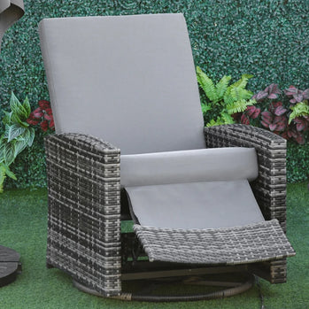 Canapé inclinable en rotin avec pivot à 360°, chaise longue d'extérieur en osier avec repose-pieds et coussin doux pour terrasse, jardin, arrière-cour, gris
