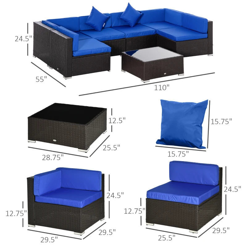 Ensemble de meubles d'extérieur en rotin 7 pièces, ensemble de canapé de conversation sectionnel en osier pour patio, bleu