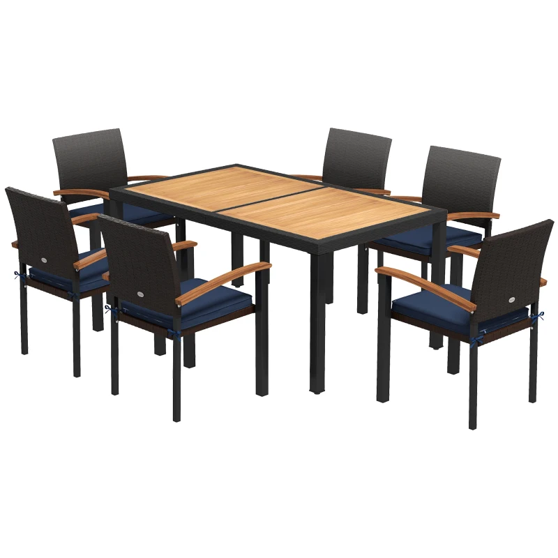 Ensemble de salle à manger d'extérieur, 7 pièces, Table et chaises de Patio en rotin PE peu encombrant avec dessus de Table en bois d'acacia, coussins doux, noir