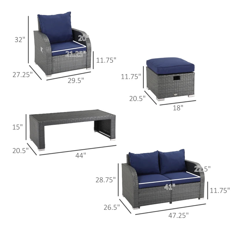 Ensemble de canapés d'extérieur en osier et rotin, 6 pièces, chaise simple inclinable à angle réglable, avec ressort à gaz et coussins doux lavables, bleu foncé