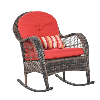 Chaise à bascule d'extérieur avec coussin d'assise et de dossier, chaise de jardin en rotin PE avec accoudoirs incurvés, pour porche, jardin, bord de piscine, rouge
