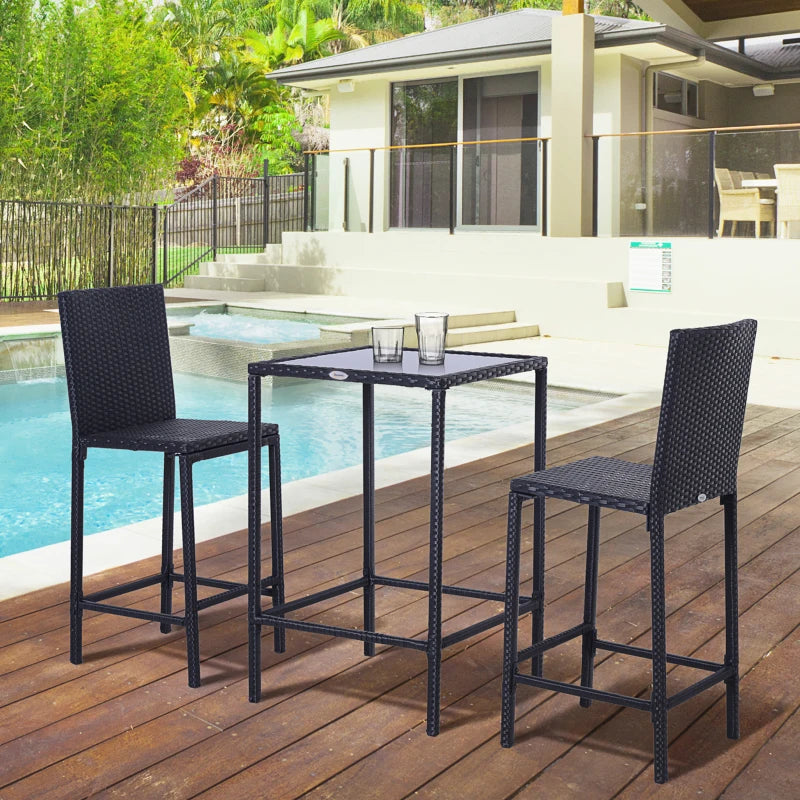 Ensemble de bar de patio 3 pièces, table de bistro en rotin et chaises hautes, mobilier de conversation d'extérieur en osier de jardin avec seau à glace, ensemble de conversation, marron