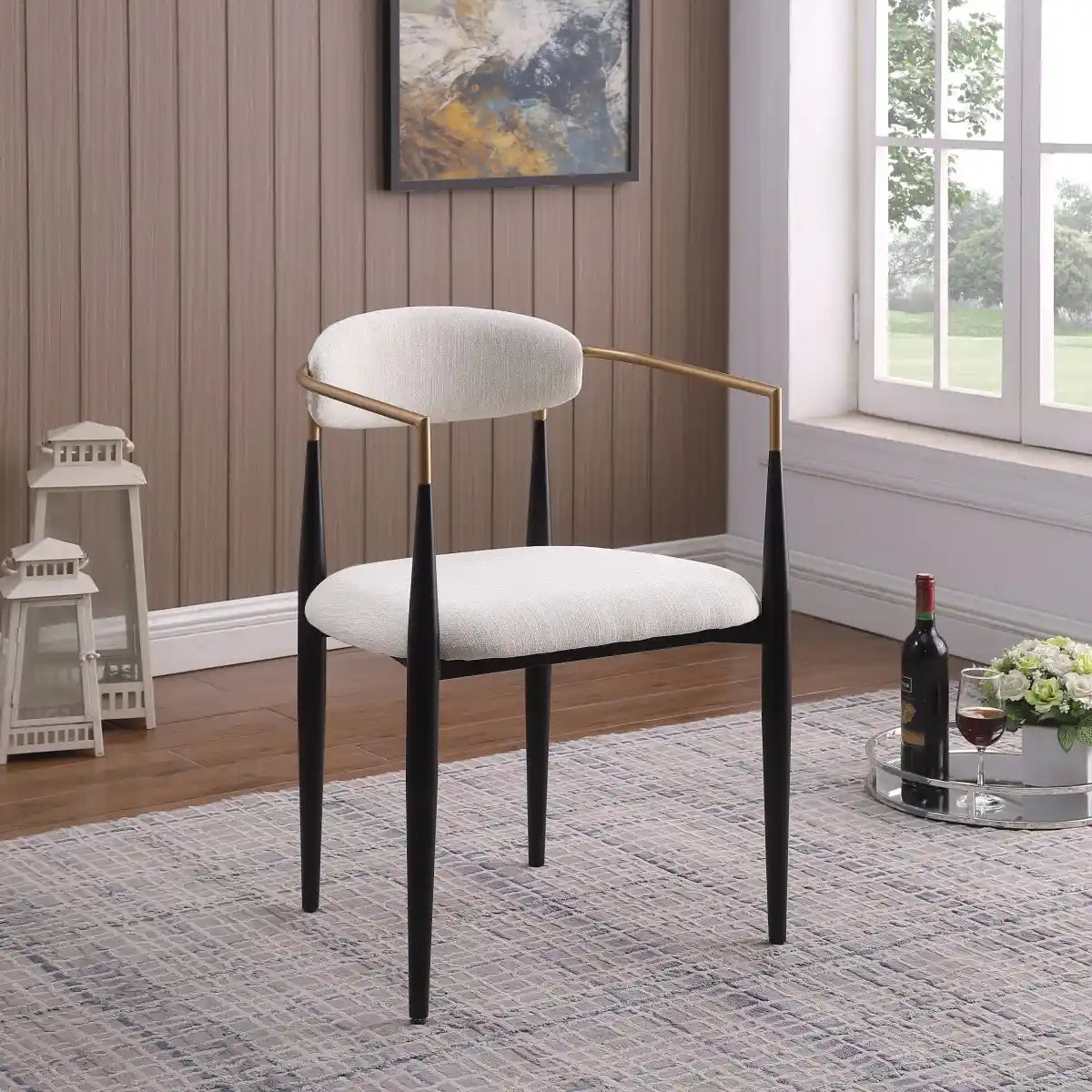 Chaises Mykos en tissu beige | Cadre bicolore noir et doré