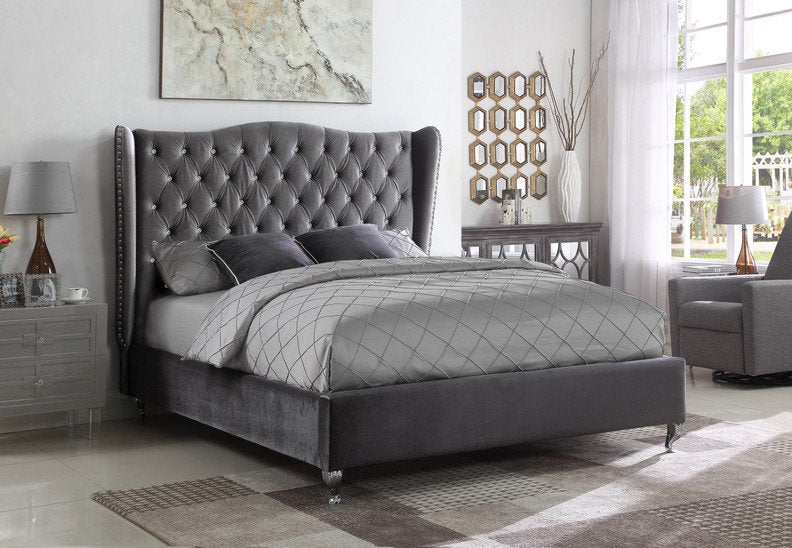 Lit à Ailes en Velours Gris avec Clous et Détails en Strass Support de Matelas Inclus