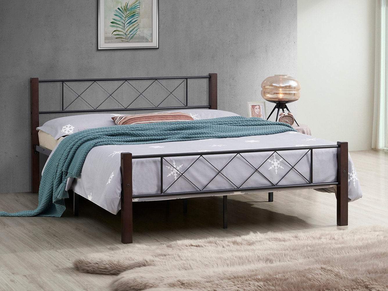 Lit Cadre Acier Noir - Poteaux Bois Espresso, Support Matelas