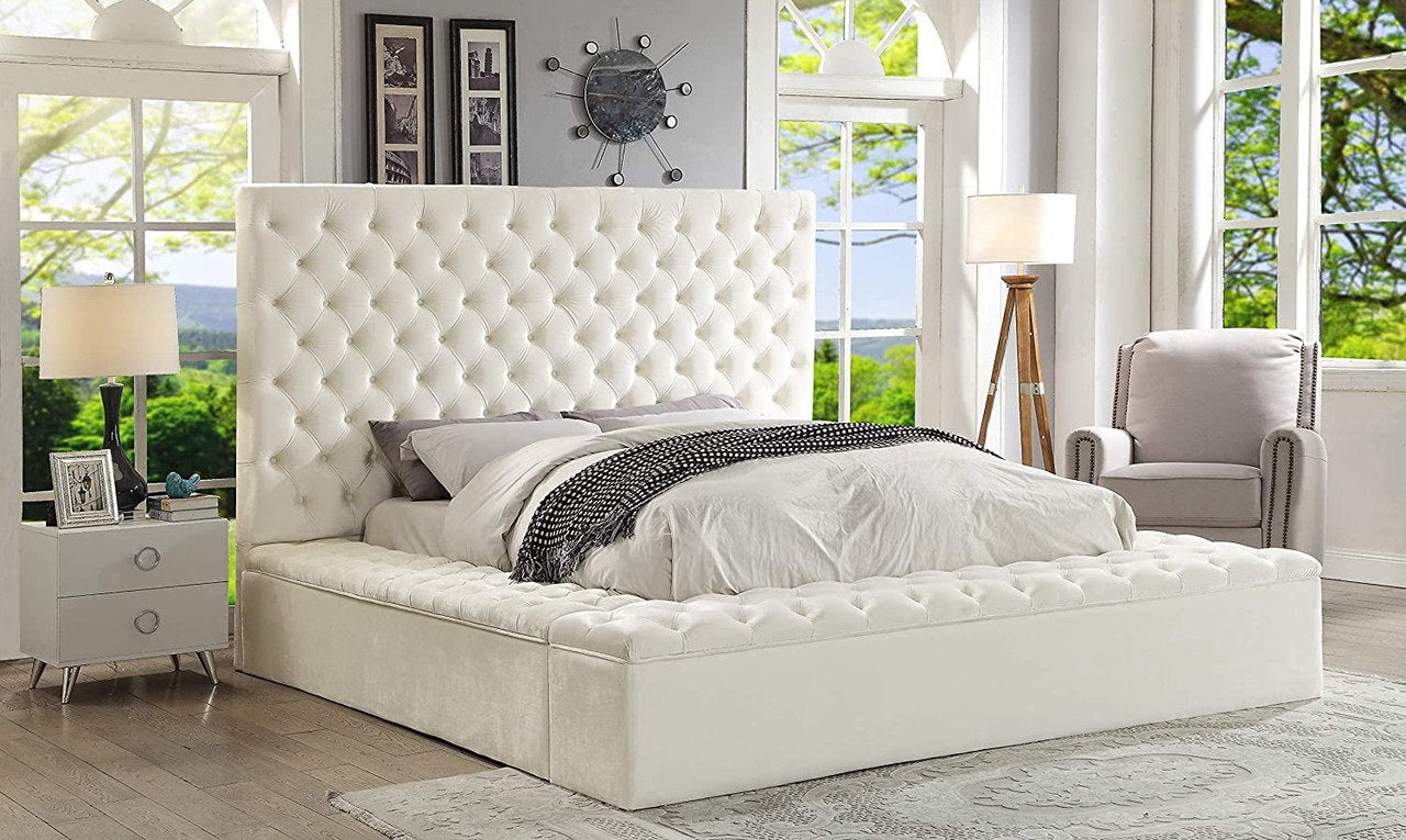 Lit Plateforme - Capitonnage Profond, 3 Grands Rangements, Velours Crème, 16 po