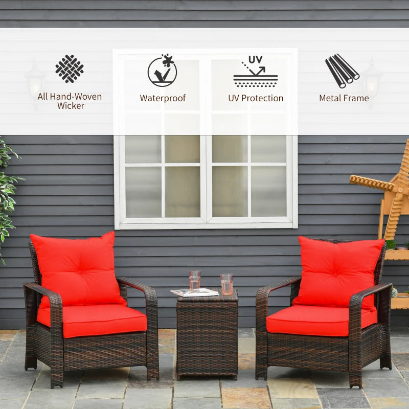 Ensemble bistro de terrasse 3 pièces avec 2 chaises rembourrées et 1 table d'appoint de rangement, ensemble de canapé de jardin en rotin PE avec housse de coussin amovible, rouge