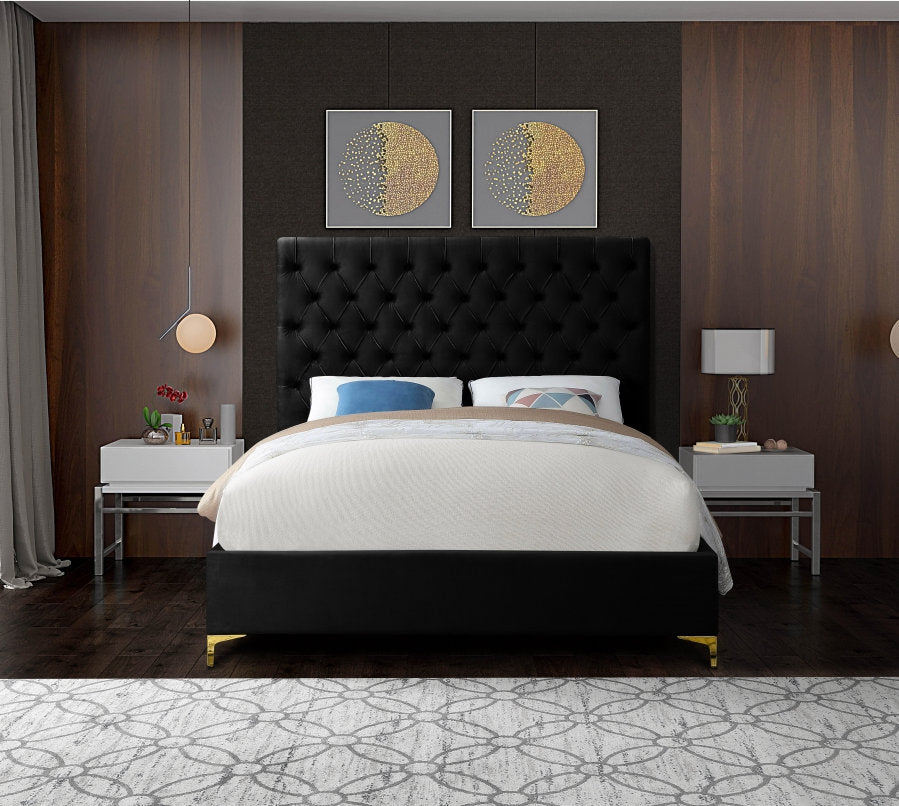 Lit en Velours Noir - Capitonnage Profond, Pieds en Or et Chrome Inclus avec Chaque Lit