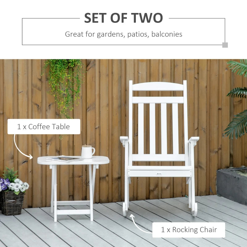 Chaise à bascule en bois avec table, ensemble à bascule d'extérieur avec fauteuil à dossier haut et table d'appoint pliable pour cour, jardin, porche, blanc