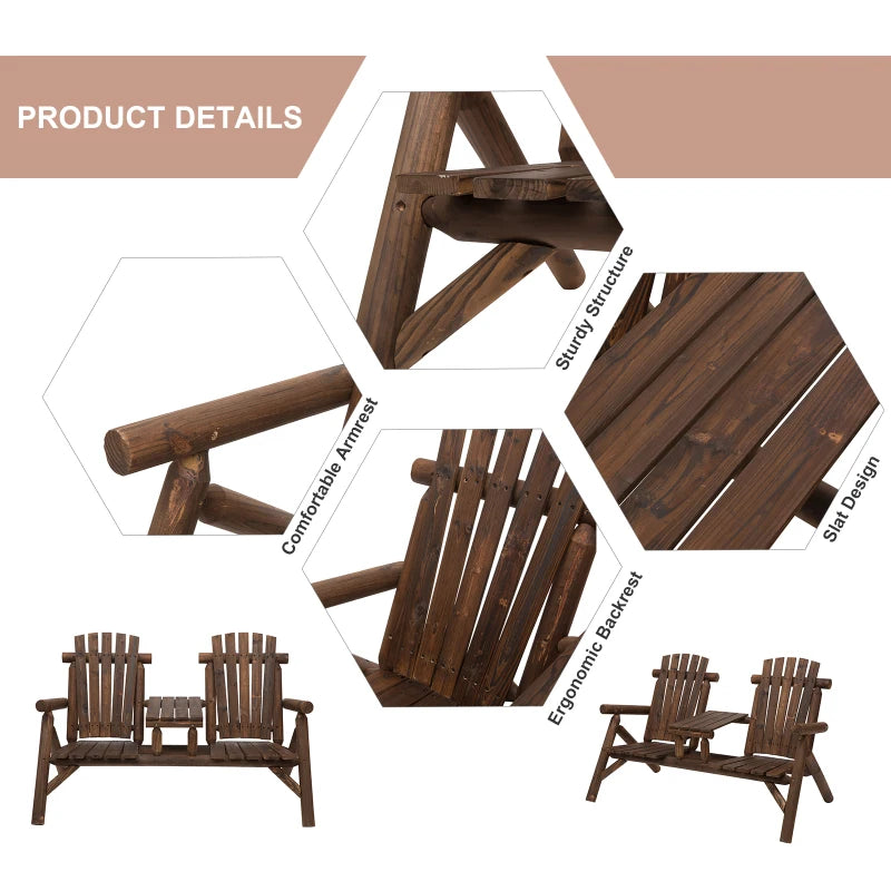 Banc de chaise de patio Adirondack en bois avec table basse centrale, pour se prélasser et se détendre à l'extérieur carbonisé