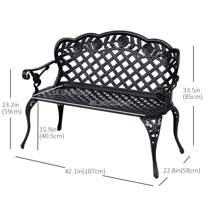 Banc de jardin en métal, causeuse d'extérieur 2 places avec accoudoirs et dossier à volutes florales, 42,1"x22,8"x33,5", noir