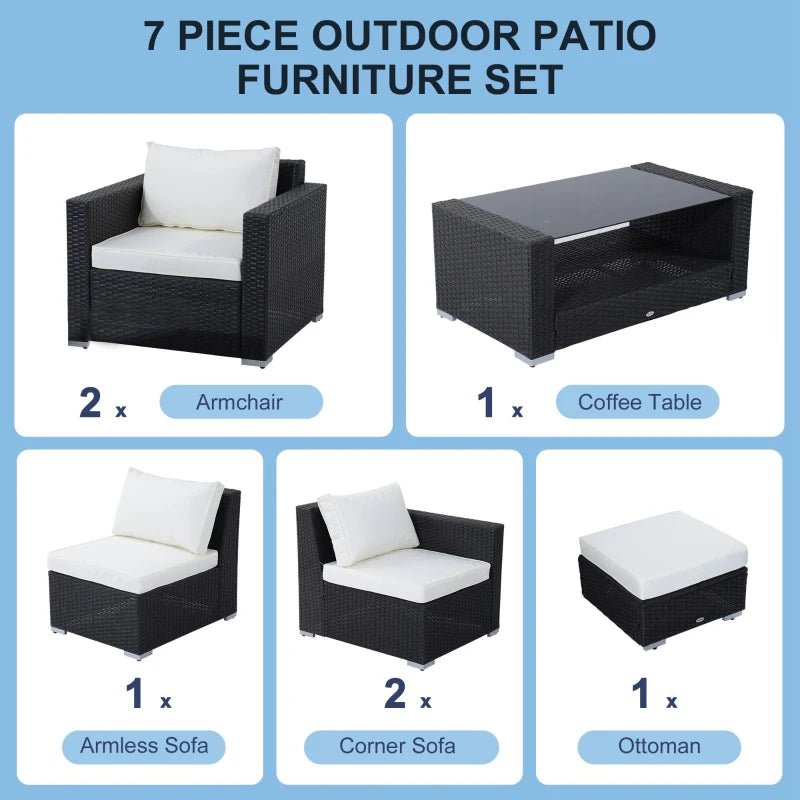 Ensemble de meubles de patio en osier 7 pièces, canapé de conversation sectionnel en rotin PE avec table et coussin en verre, beige