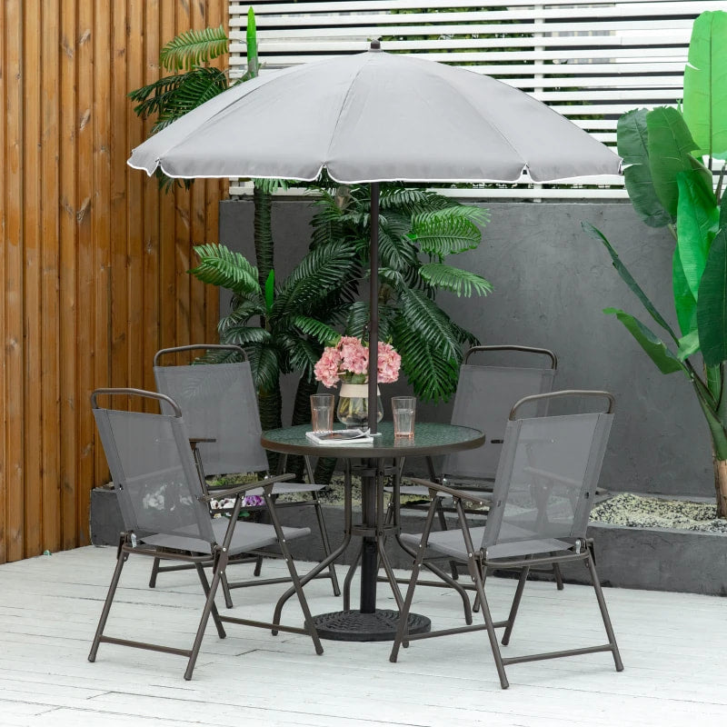 Ensemble de salle à manger d'extérieur 6 pièces pour 4 personnes, avec parasol, mobilier d'extérieur, Table ronde, 4 chaises pliantes, gris