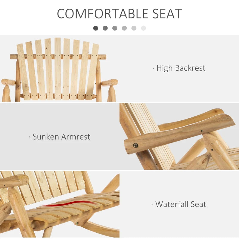 Chaise à bascule Adirondack en bois, chaise à bascule double rustique d'extérieur avec design à lattes pour 2 personnes, convient pour jardin, balcon, porche, bois naturel