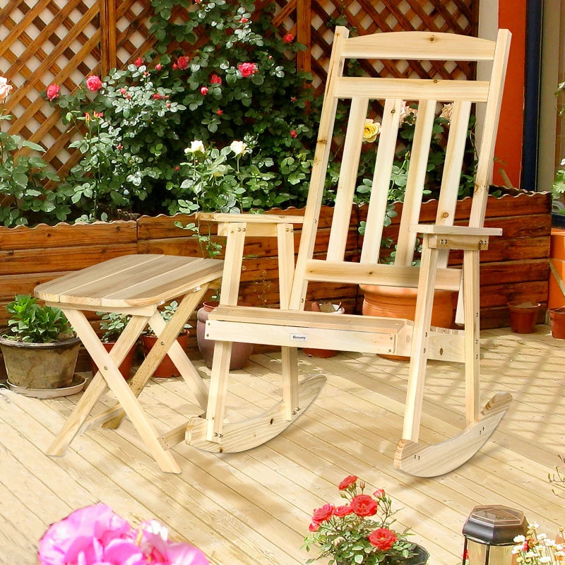 Chaise à bascule en bois avec table, ensemble à bascule d'extérieur avec fauteuil à dossier haut et table d'appoint pliable pour cour, jardin, porche, naturel