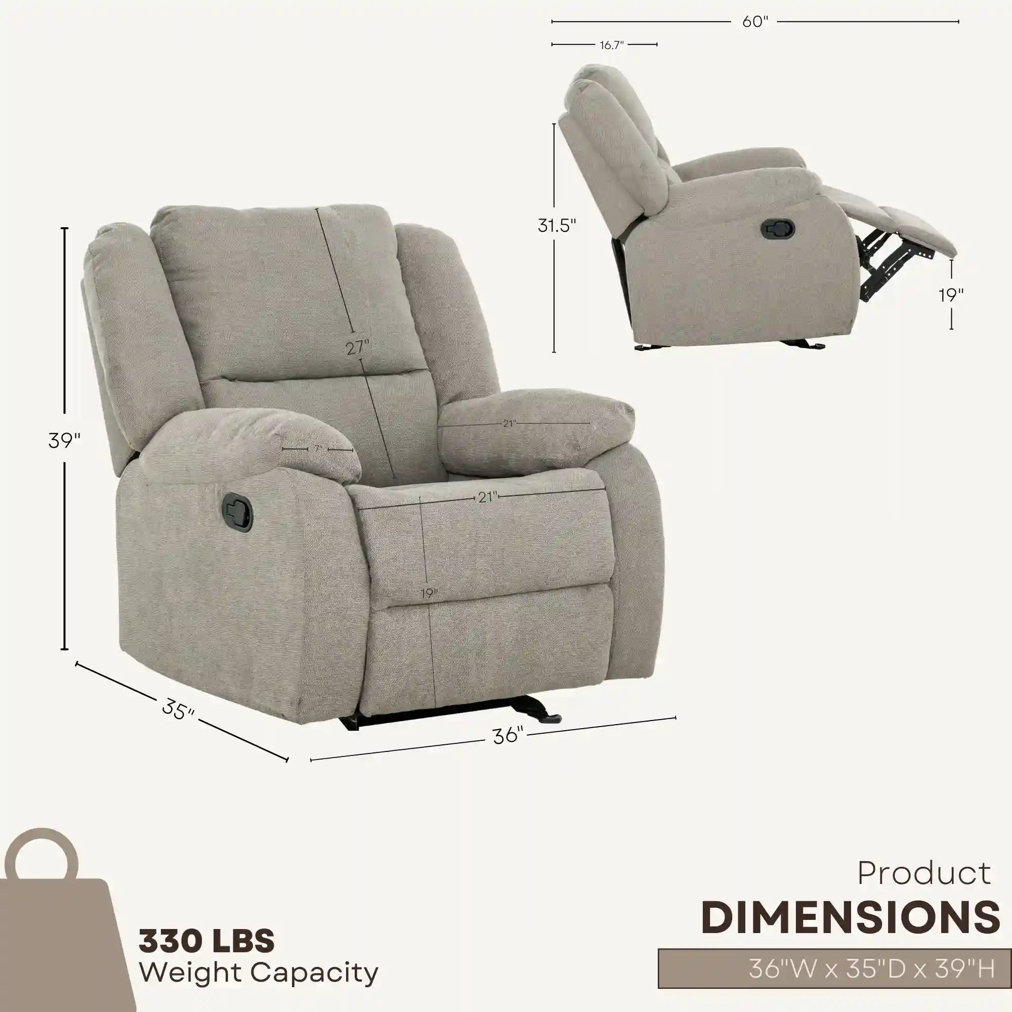 Fauteuil Amos Allure Ash | Berceuse et Inclinaison pour un Confort