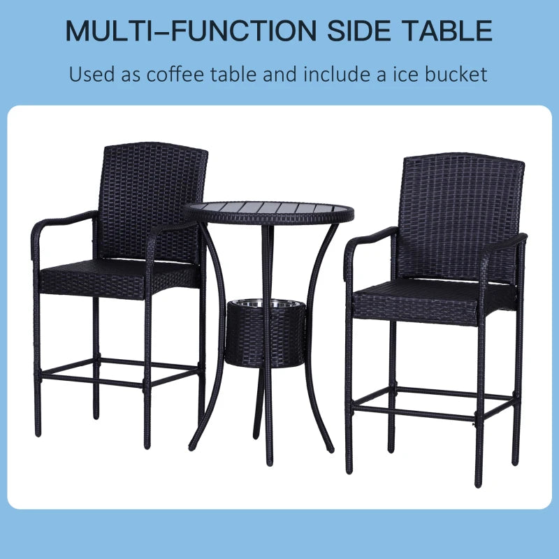 Ensemble de bar de patio 3 pièces, table de bistro en rotin et chaises hautes, mobilier de conversation d'extérieur en osier de jardin avec seau à glace, ensemble de conversation, marron