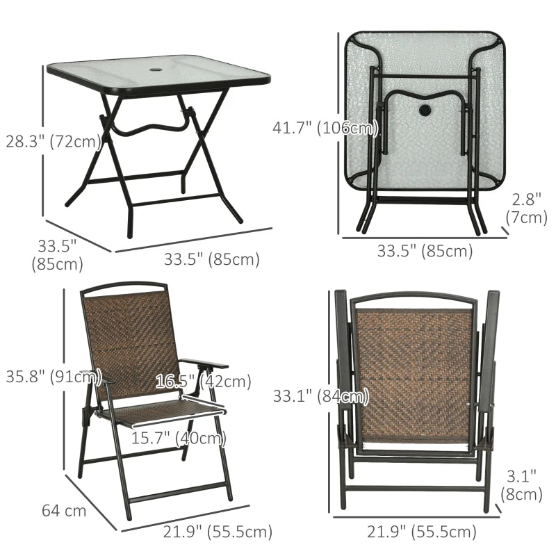 ORTUNNY 5 pièces Table de patio et chaises de rotin pliant pour 4 avec trou de parapluie, haut en verre trempé, brun foncé