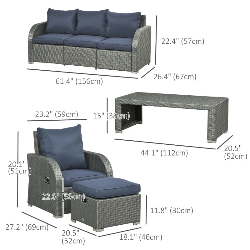 Meubles de patio avec coussins, 6 pièces en osier PE, ensemble de conversation avec un canapé à trois places, 2 chaises inclinables, 2 repose-pieds et une table, bleu foncé