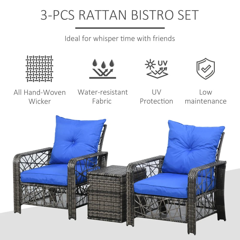 Ensemble de meubles de patio 3 pièces avec coussins de 4 po d'épaisseur, ensemble de bistro d'extérieur en rotin de luxe et table basse avec fonction de rangement pour bord de piscine, jardin, balcon, bleu