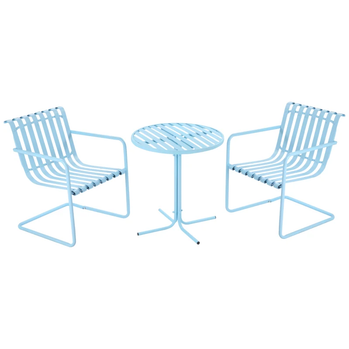 Ensemble de bistro de terrasse 3 pièces, ensemble de table basse de jardin avec cadre en métal avec 2 chaises et table ronde pour cour extérieure, porche, balcon au bord de la piscine, bleu ciel
