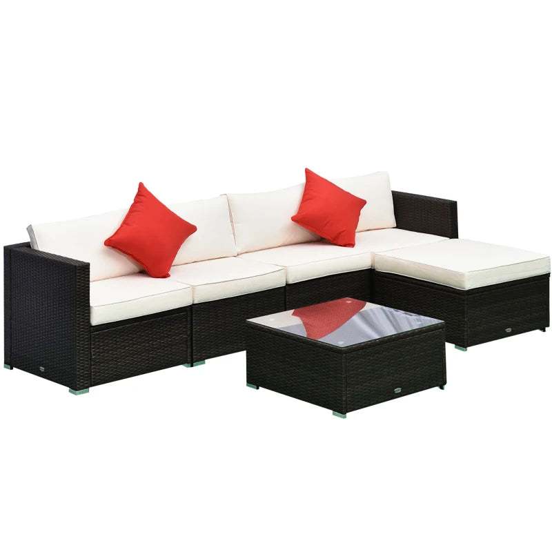 Ensemble de 6 meubles de patio en osier et rotin PE avec coussins épais, canapé sectionnel de jardin de luxe avec table en verre, café foncé et blanc crème