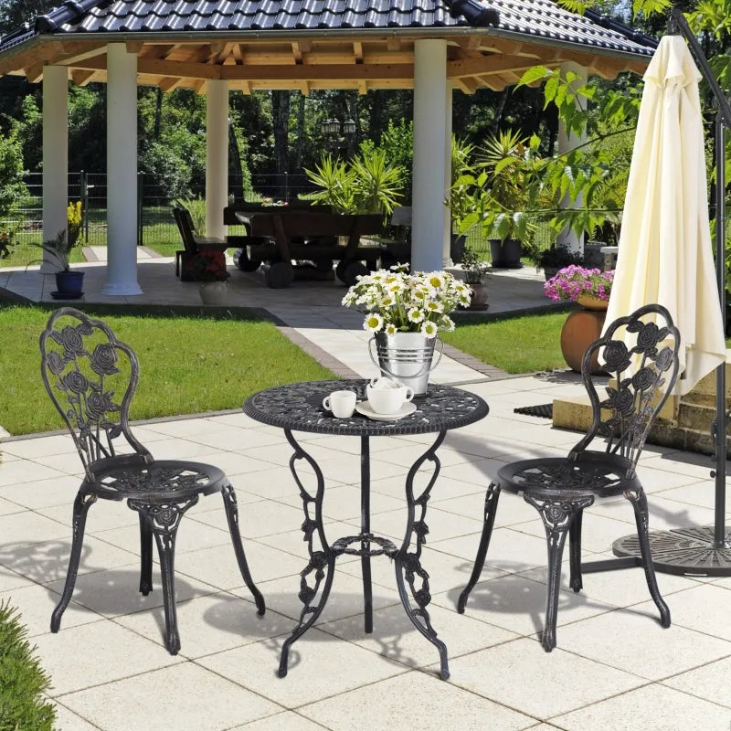 Ensemble de bistro de Patio 3 pièces, Table et chaises de jardin en fonte d'aluminium avec trou pour parasol pour balcon, Bronze