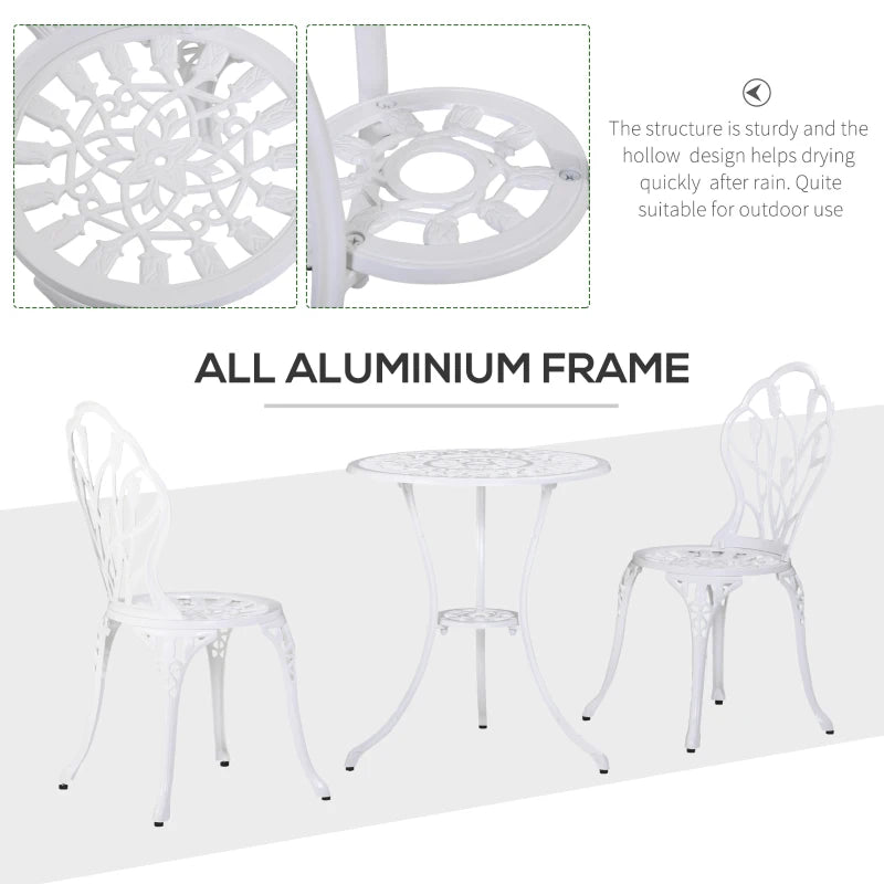 Ensemble bistro de patio 3 pièces, table et chaises de jardin en fonte d'aluminium avec trou pour parasol pour balcon, blanc