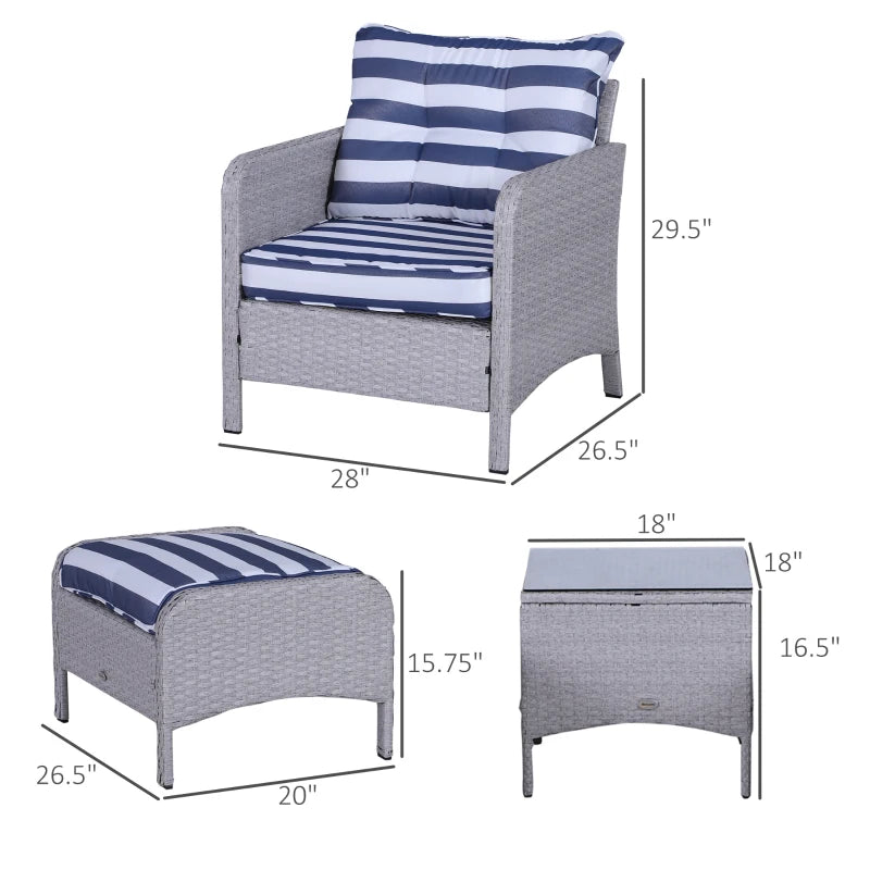 Ensemble de 5 meubles de patio en osier avec coussins rembourrés épais, ensemble de café de conversation en rotin PE avec fauteuils, repose-pieds et table en verre, bleu et blanc