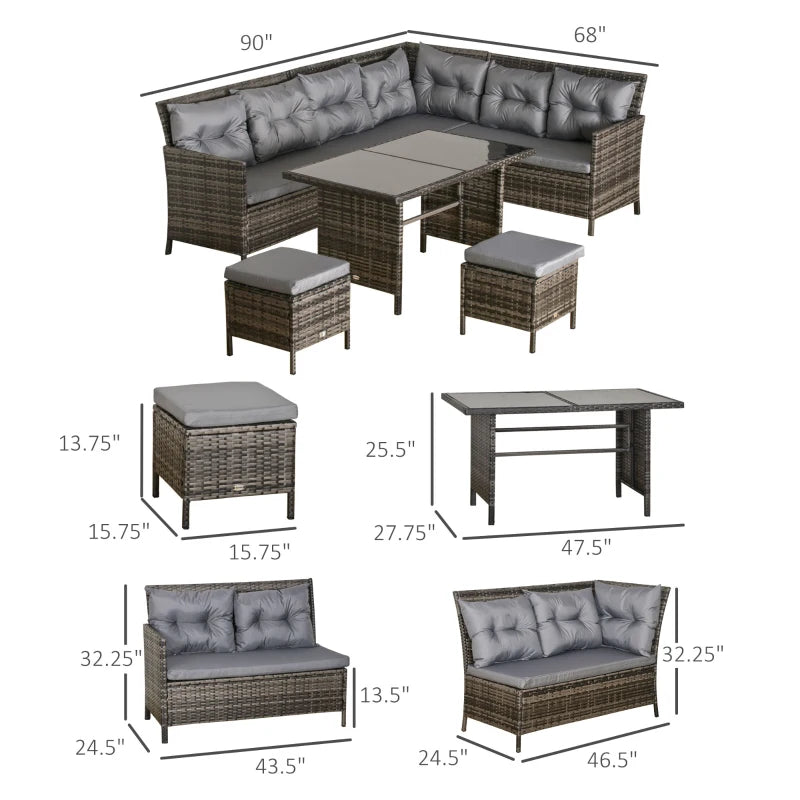 Ensemble de canapés d'extérieur en rotin, 6 pièces, ensemble de meubles de jardin en osier, avec Table à manger et chaise, gris foncé