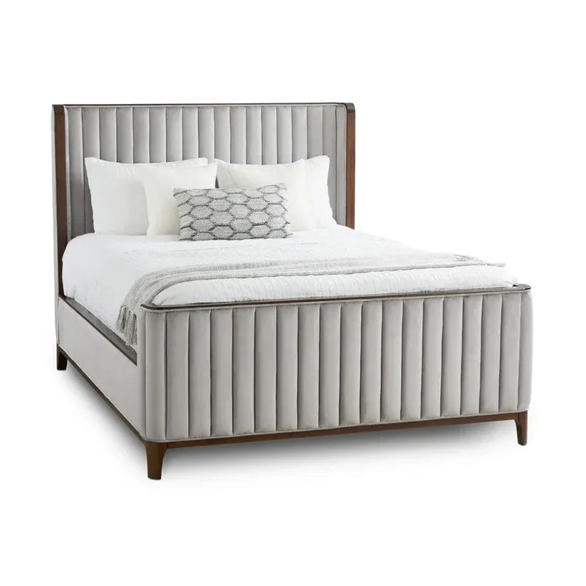 Lit Queen Rembourré Lit Matelassé en Tissu Beige Majestic avec Cadre en Bois